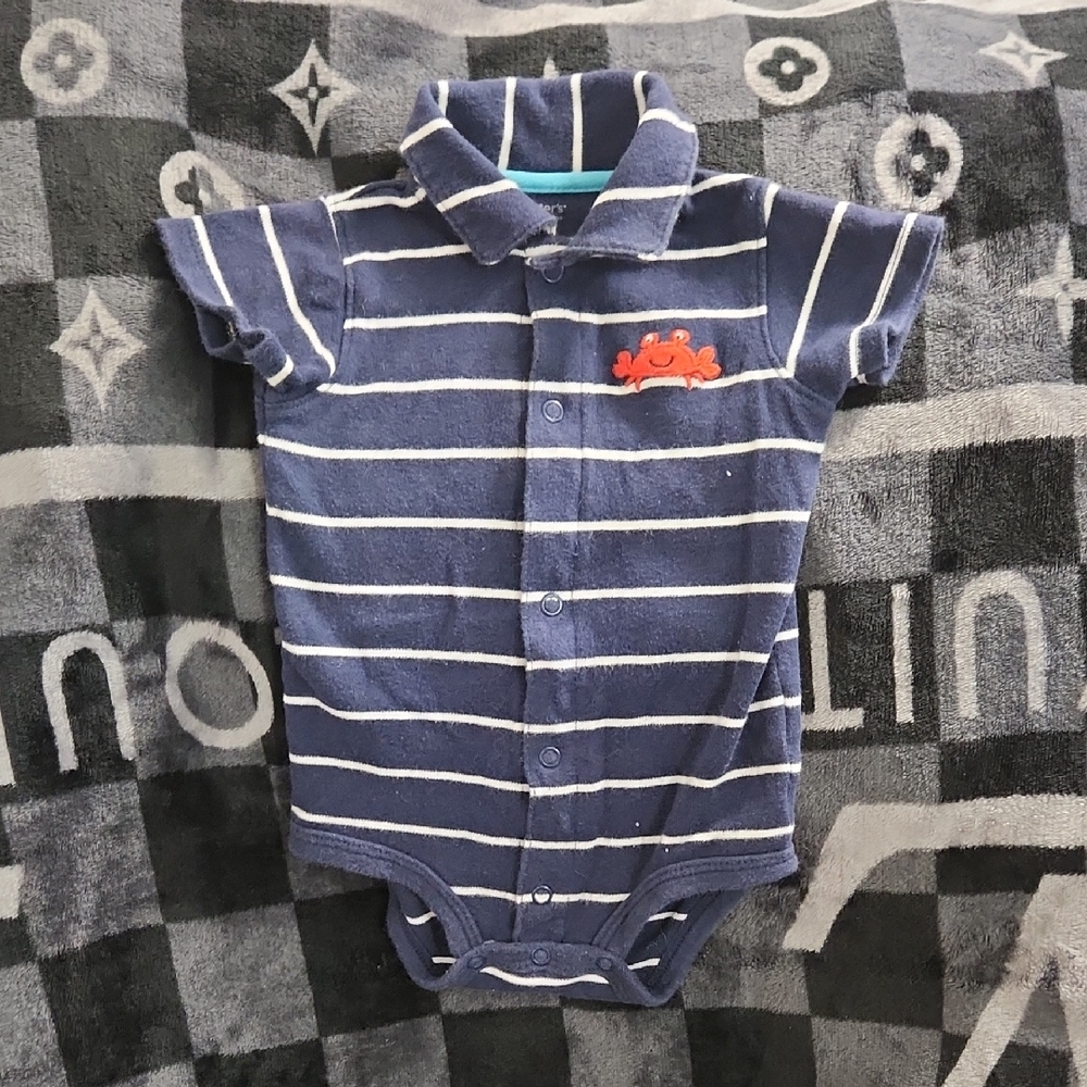 Navy Blue Striped Baby Onesie with Crab Design